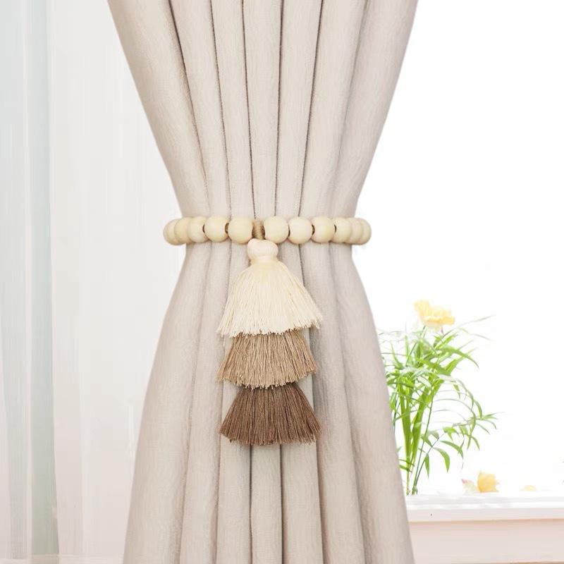 2Pcs Bohemian Curtain Clasp Wooden Bead Magnet Curtain Tie Backs With Tassel For Bedroom And Living Room Home Decoration