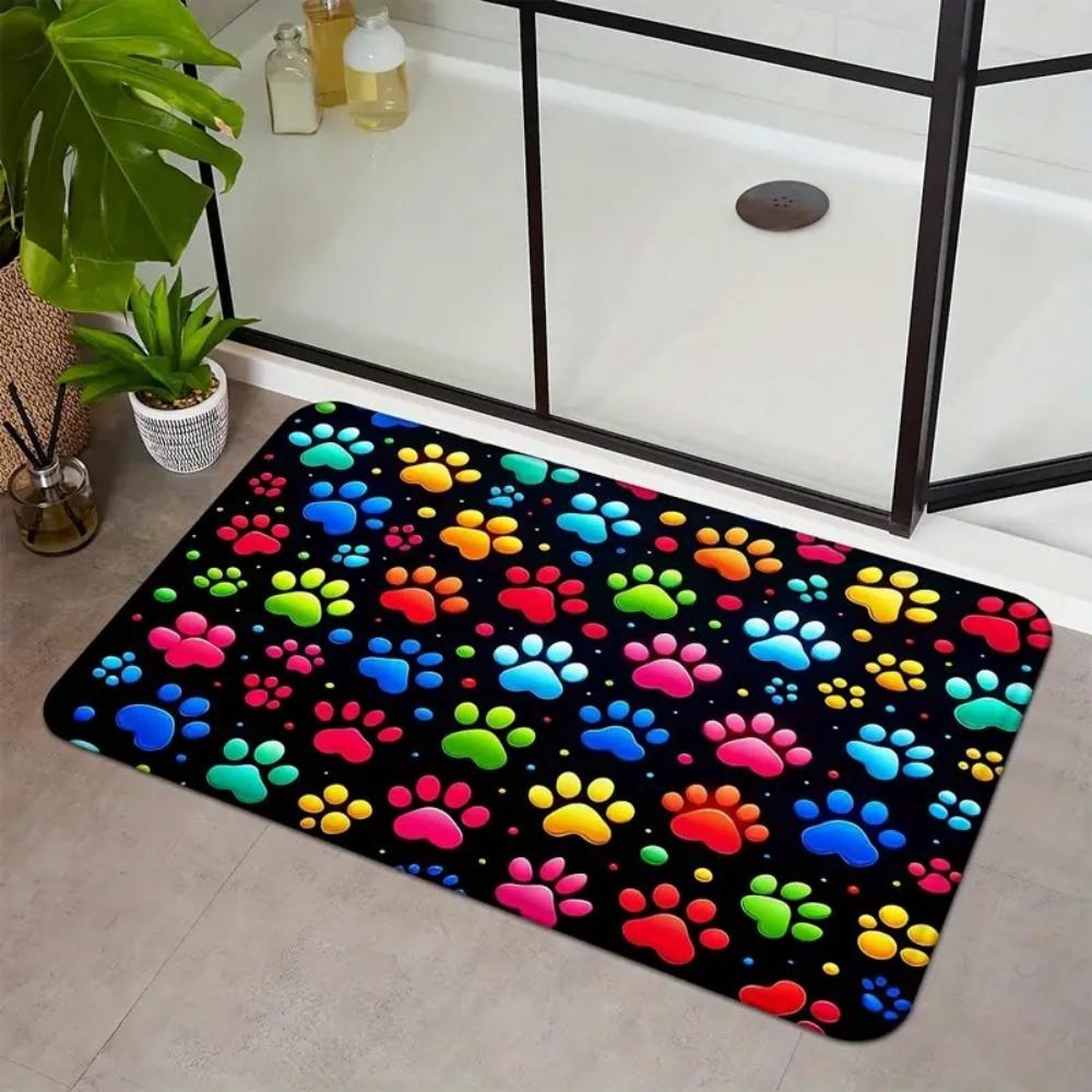 Cute Dog Paw Prints Pattern Printed Entry Doormat Fun Non-Slip Door Mat for Bedroom Living Room Entrance Machine Washable Carpet