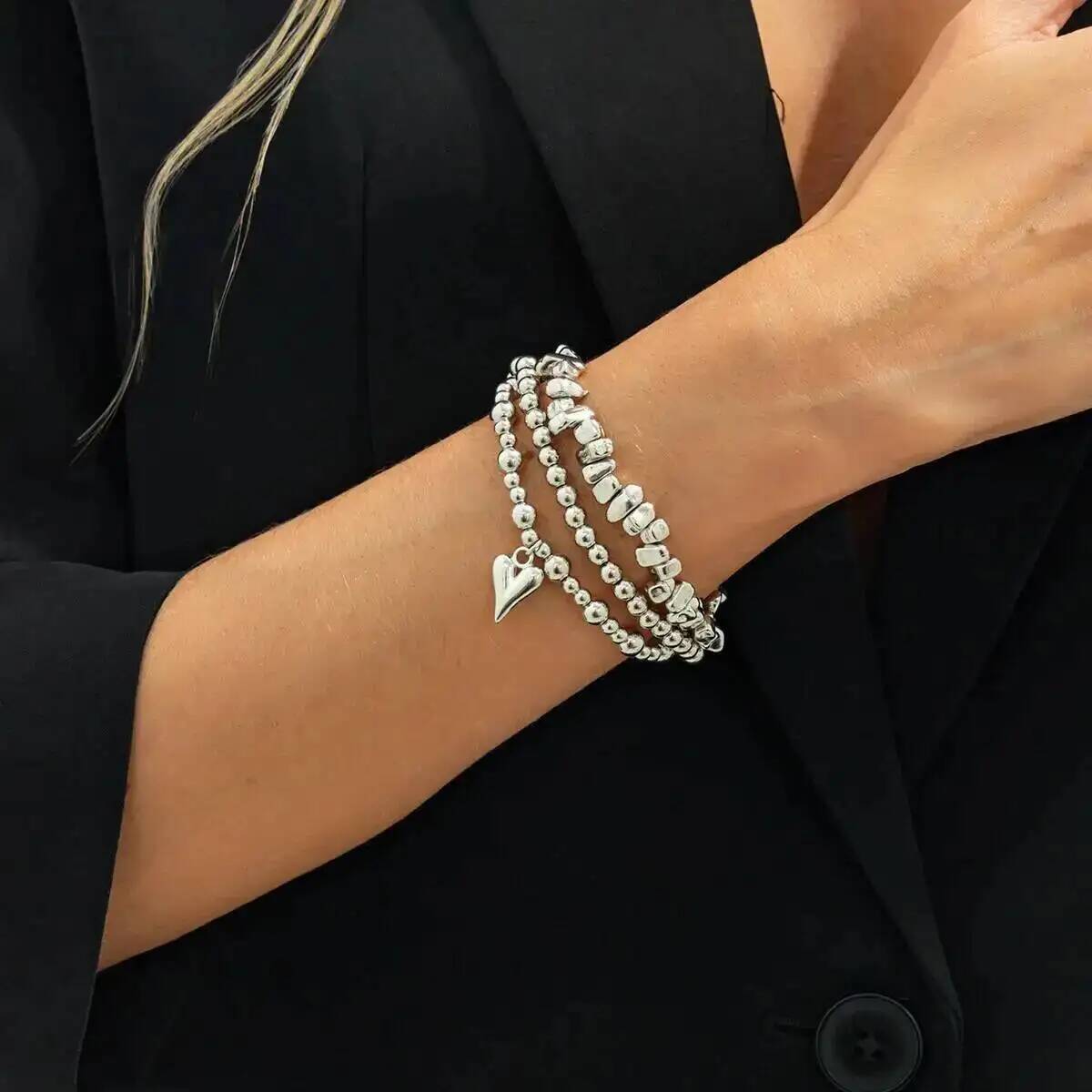 

SHIXIN 3Pcs/Set Vintage Irregular CCB Beaded Chain Bracelet Woman 2026 MultiLayer Heart Pendant Bangles Daily Party Jewelry Gift