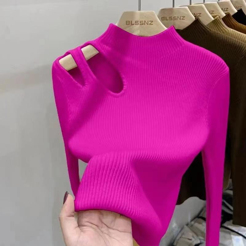 Autumn Chic Hollow Out Base Knitted Sweater for Women Fashion Winter Clothing Half High Neck Pullover Sweaters Ladies Slim Fit Knitwears Jumper 24987