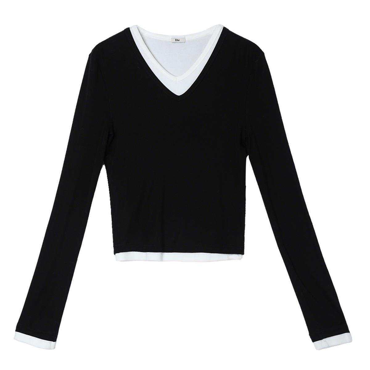 

Edge Bie Color Block V-Neck Knit Top: Women s Slim Fit Long-Sleeve Fashion Tee Small