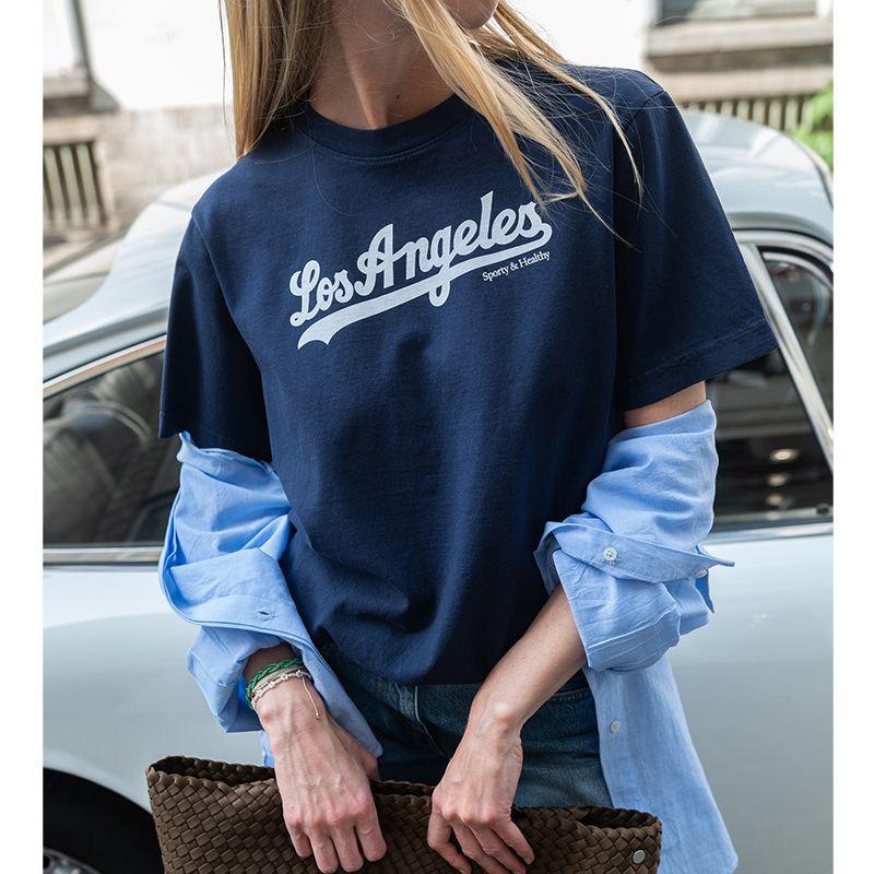 Los Anger American Retro Sports Style Letter Print Loose Casual Cotton Short Sleeve T-shirt for Women
