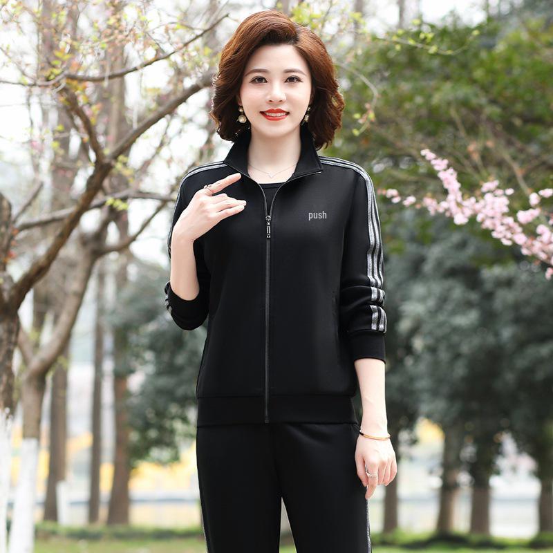 Women's Spring/Fall Casual Sportswear Set: Loose Fit Long-Sleeve Jacket & Sweatshirt, Plus Size, 2-Piece for Middle-Aged & Elderly