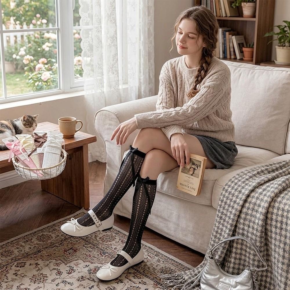 Sexy Hollow Lace Lace Calf Socks Bowknot Detail Thin Fishnet Stockings Breathable High Elastic Jk Long Stocking Daily Wear
