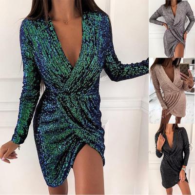 2024 Women's Long Sleeve V-Neck Sequin Mini Dress
