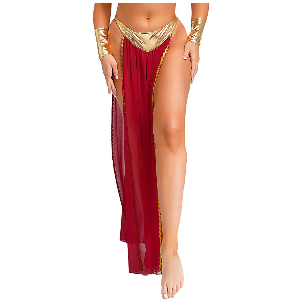 Costume da Regina Antica da Donna Slip Gonna in Chiffon Spacco Laterale Metallizzato Riflettente Rifiniture Dorate Outfit di Halloween