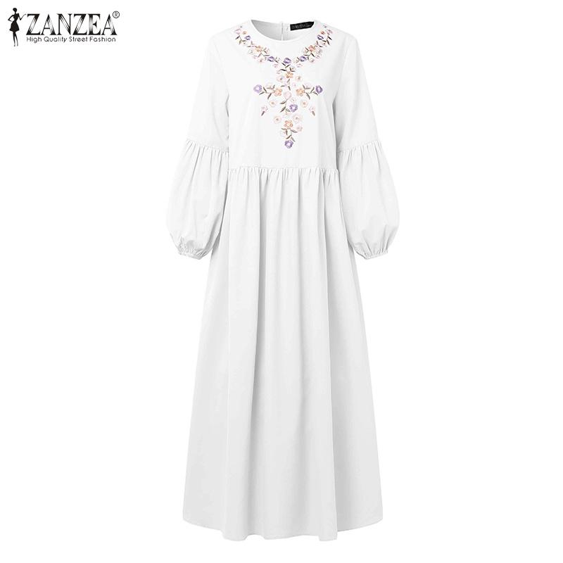 ZANZEA Women Casual Round Neck Long Sleeve Loose Floral Embroidery Dress