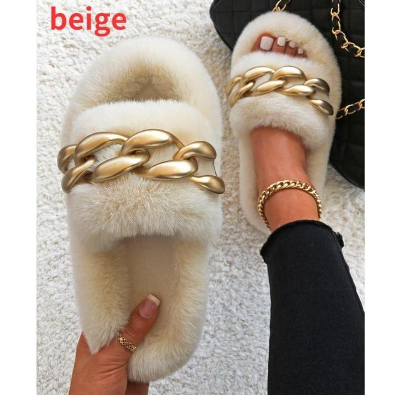Nuova catena in oro opaco Decora scivoli femminili in soffice pelliccia Pantofole calde in peluche Pantofole di lusso Slip-On