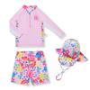 Girls' Pink Floral Long-Sleeve Swimsuit Set with Zipper and Sun Protection Cap