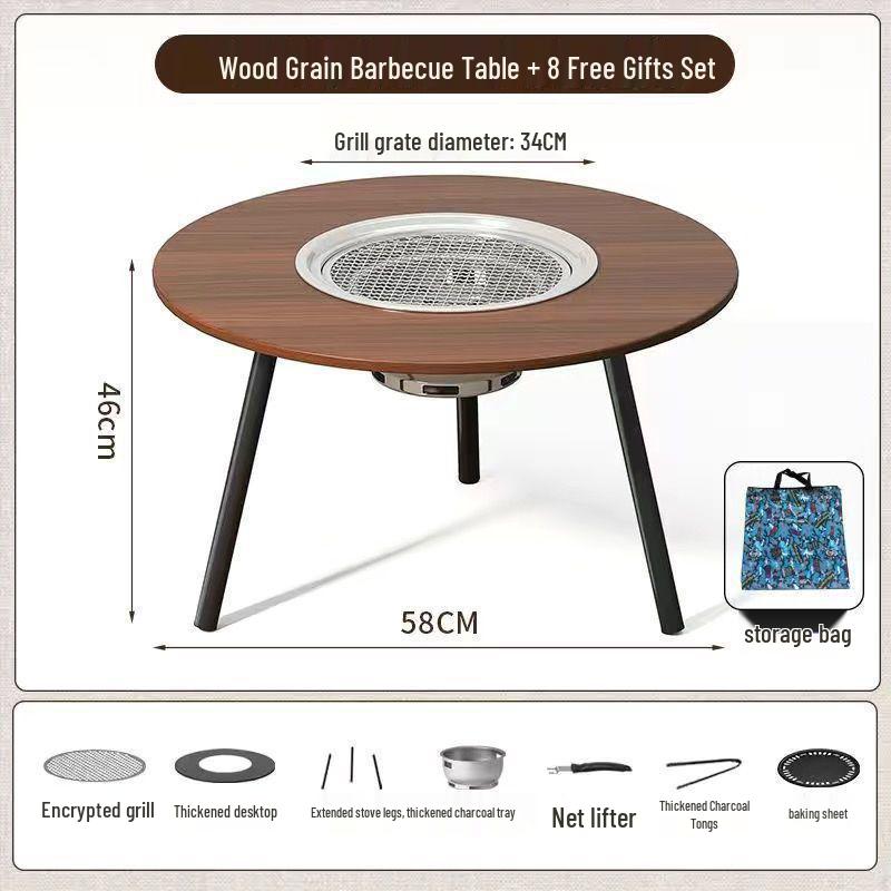 Portable Folding BBQ Grill with Solid Wood Table for Outdoor Picnic and Meat Barbecue
