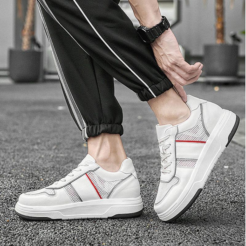 Fashion Casual Mesh Sneakers Summer Genuine Leather+mesh Increase 6CM Heightening Shoes Hollow Out Men Footwear Mesh Breathable Shoes