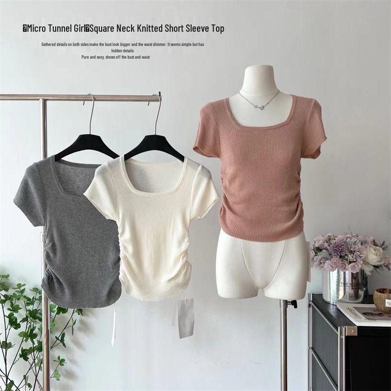 

Women s Summer Square Neck Pleated Waist Slimming Petite T-Shirt One Size [Premium Version] серый