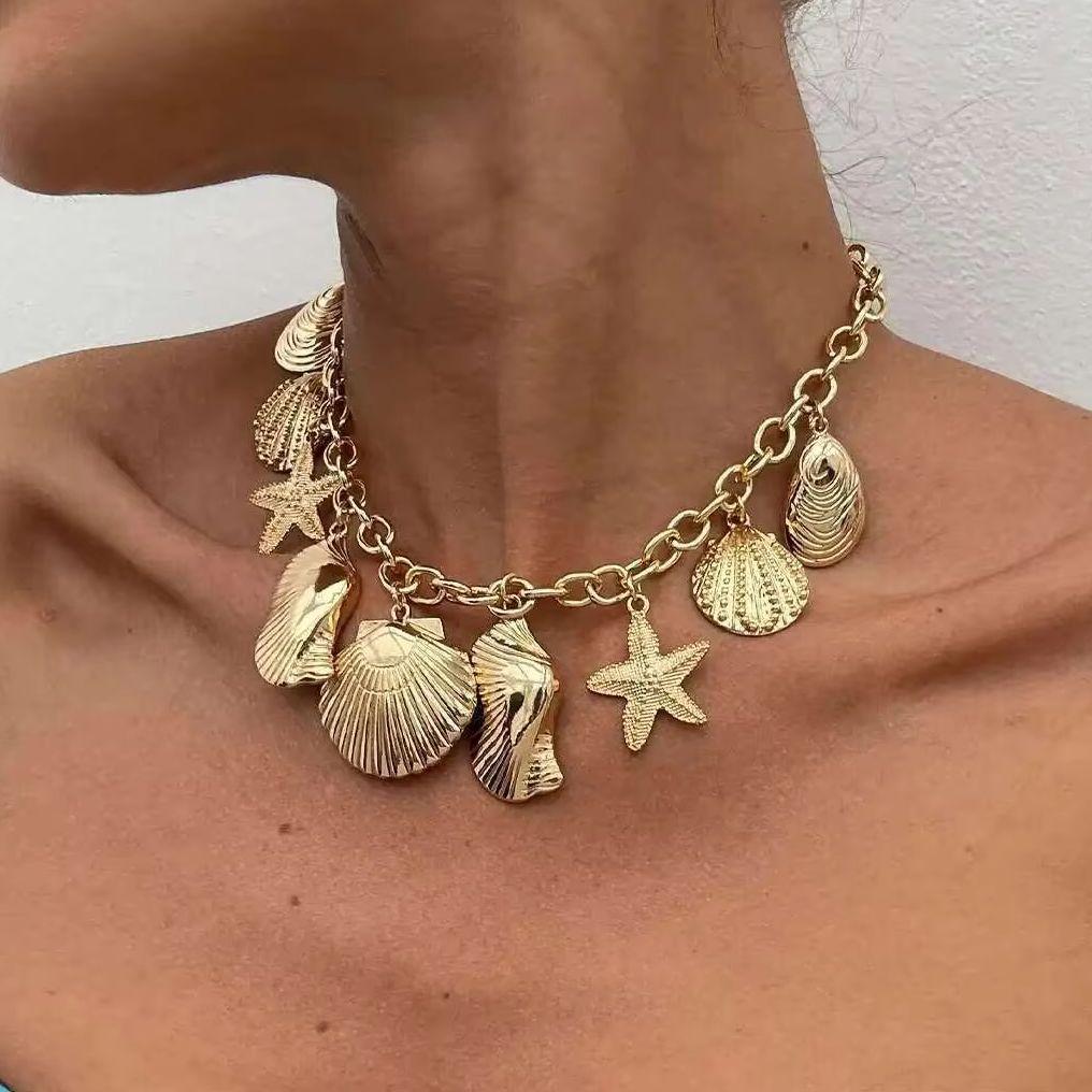 SHIXIN Boho Metal Starfish Scallop Conch Pendant Necklace For Women Ocean Style Choker Summer Beach Party Jewelry Collar On Neck