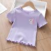 Kids' Cute Cartoon Embroidered T-Shirt - Ice Silk, Short Sleeve, Ruffle Design for Summer