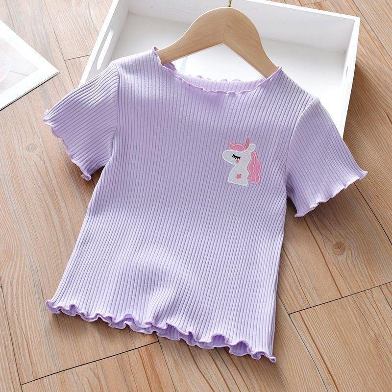 Kids' Cute Cartoon Embroidered T-Shirt - Ice Silk, Short Sleeve, Ruffle Design for Summer