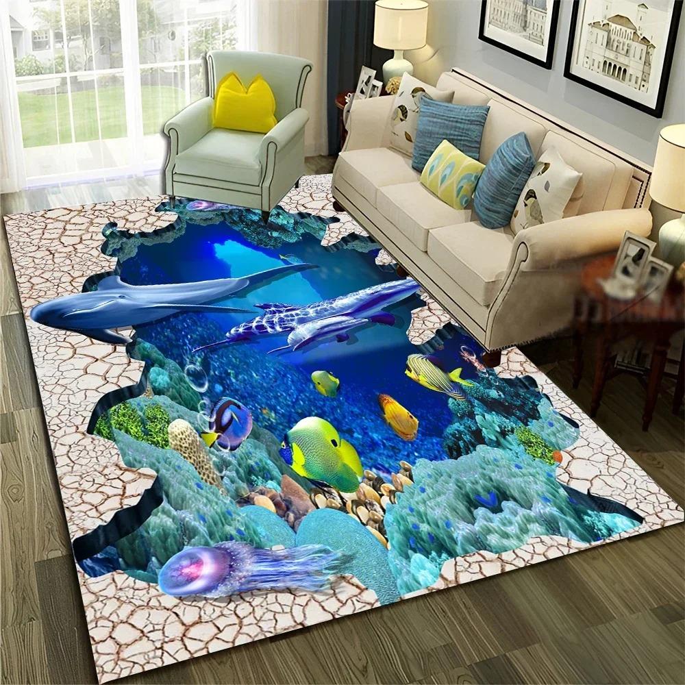 Interesting Starfish Shark Beach Ocean Element Carpet 3D Ocean Beach Visual Carpet Home Decoration Gift