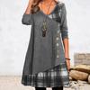 Women's Long Sleeve Button Check Patchwork Dress Ladies V Neck A-Line Casual Night Gown Plus Size Clothing 2024
