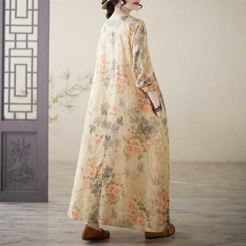 Printed Round Neck Loose Plus Size Long Sleeve Plus Size Vacation Dresses