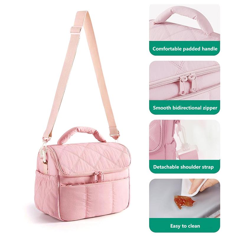 Pink Quilted Insulated Lunch Bag With Removable Strap Padded Handle For Work School Picnics