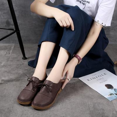 Retro Japanese-Style Women's Round Toe Leather Flat Shoes, Hand-Stitched Mori Girl Design, Model 9330.