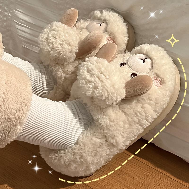 Wool slippers winter new thick-soled non-slip thickened plush cute cartoon lamb cotton shoes