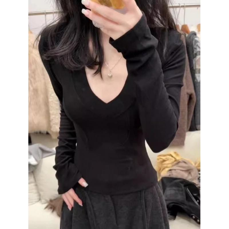 Pure Desire Sexy V-neck Front Shoulder Long-sleeved T-shirt Women's Autumn and Winter Korean Version Slim-fit Inner Bottoming Shirt Velvet Warm Tide