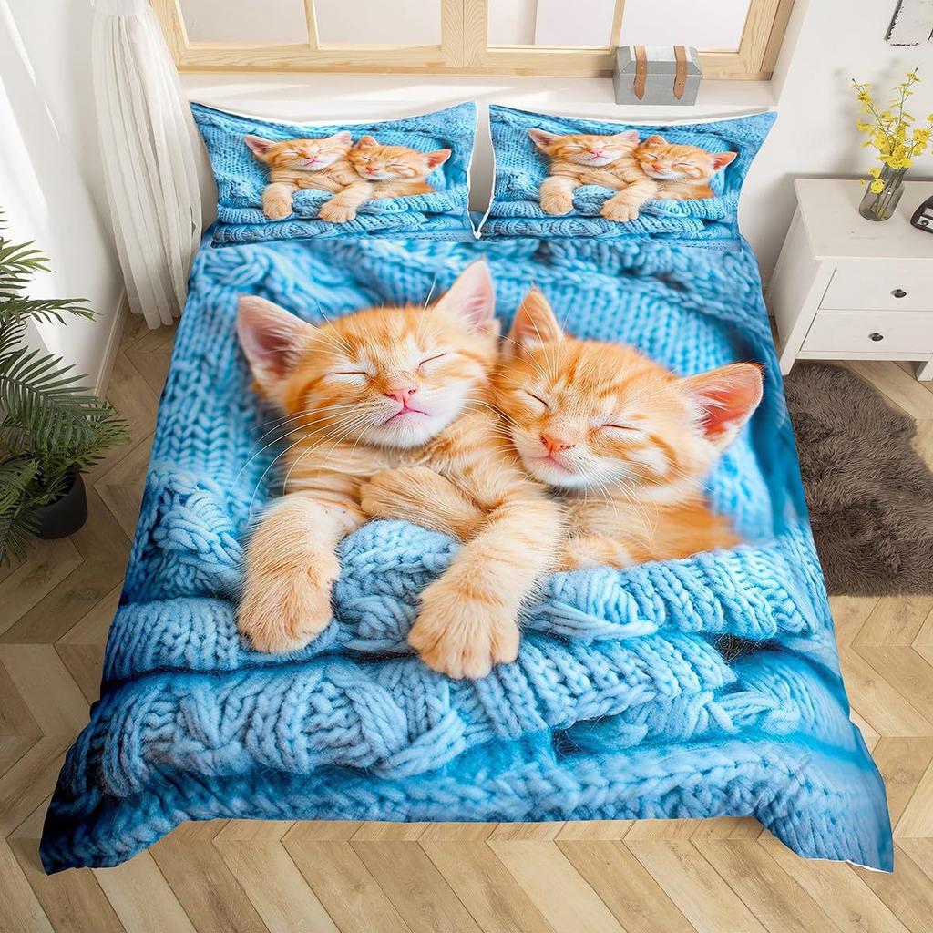 Cute Cat Duvet Cover Bedding Three-Piece Set 3D Animal Digital Printing Quilt Cover