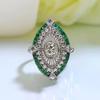 Yousheng Women Ring Shiny Rhinestone Inlaid Two-tone Geometry Electroplating Art Deco Gift Natural Emerald Faux Gemstone Engagement Wedding Ring for
