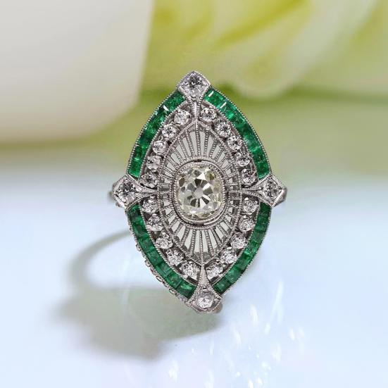 Yousheng Women Ring Shiny Rhinestone Inlaid Two-tone Geometry Electroplating Art Deco Gift Natural Emerald Faux Gemstone Engagement Wedding Ring for