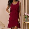 Women Summer Mini Dress O-Neck Sleeveless Hot Drilling Decor Chiffon Dress Layered Design Sheath Dress Loose Fit Cake Dress