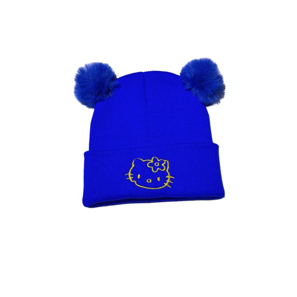 Kuromi Cartoon Cat Wool Knit Hat for Children - Cute and Warm Embroidered Kitten Pullover Hat.
