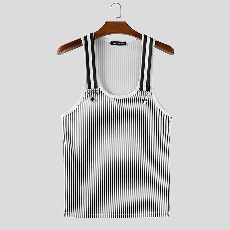INCERUN Men Strap Sleeveless Striped Print Casual Fitted Tank Tops