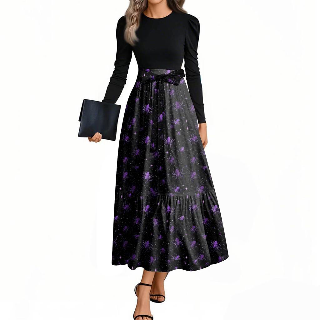 Women's Fashion Casual Belted Long Sleeve Round Neck Halloween Printed Elegant Temperament Dresses