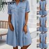 JPNTKY Women's Fashion Summer Spring Solid Color Print Short Sleeve POLO-Neck Casual Dresses