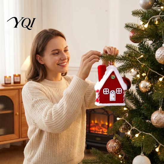 Miniature Cabin Tabletop Decor Plush Christmas House Hanging Ornament, Fabric Gingerbread Pendant with Reusable Festive Scene Accessory Rope,