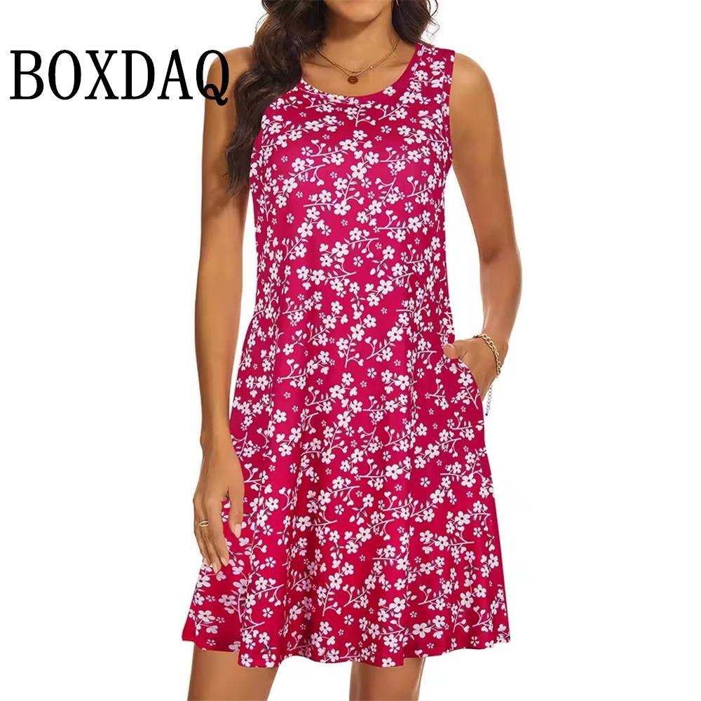 Fashion Elegant Floral Print Dress Casual A-Line Tank Women's Summer Retro Sleeveless Chic Dresses Travel Loose Beach Sundresses
