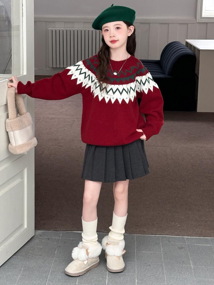 Girls' Fair Isle Red Knitted Sweater - Round Neck, Long Sleeve, Chunky Knit, for Autumn/Winter 2025, Mid & Big Kids Casual Jumper.