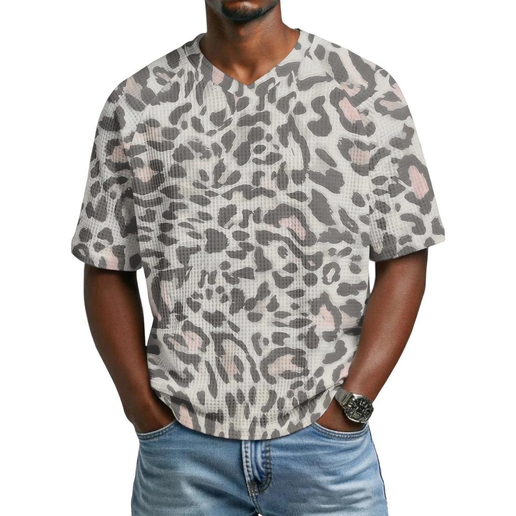 Herren T-Shirt mit Leopardenmuster, Atmungsaktives V-Ausschnitt Kurzarm Oberteil für Herren, Lässiges Mode Sommer T-Shirt