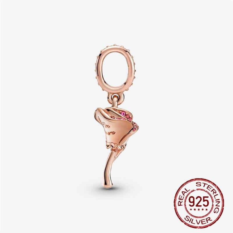  Sterling Color Sparkling Pink Rose Bouquet Pendant Charm Bead Wrist Bracelet Chic Style Stylish Diy JewelryFashion Pendant