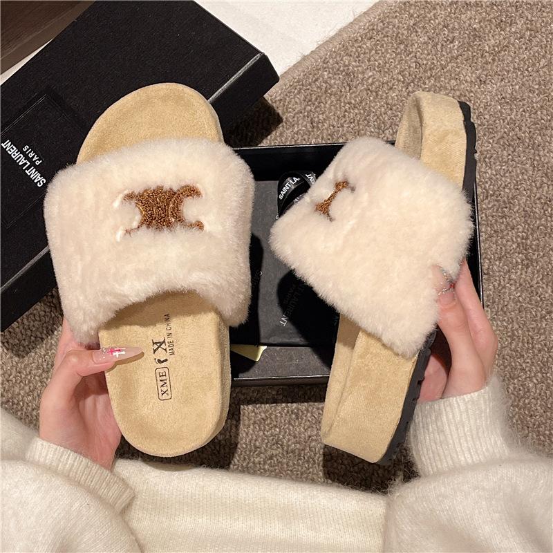 thick-soled one-word fluffy slippers for women to wear outside autumn and winter new fairy versatile thick-soled cotton shoes slippers