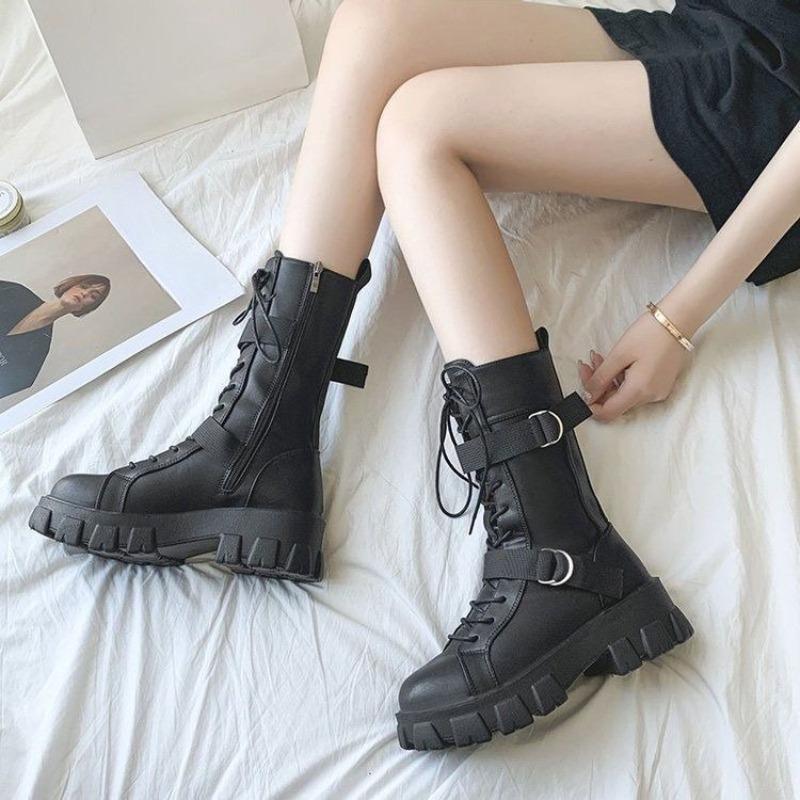 Fashion Black Leather with Laces Platform Mid Calf Shoes Woman Spring Autumn Half High Boots for Women Gothic on Offer 2025 New Footwear