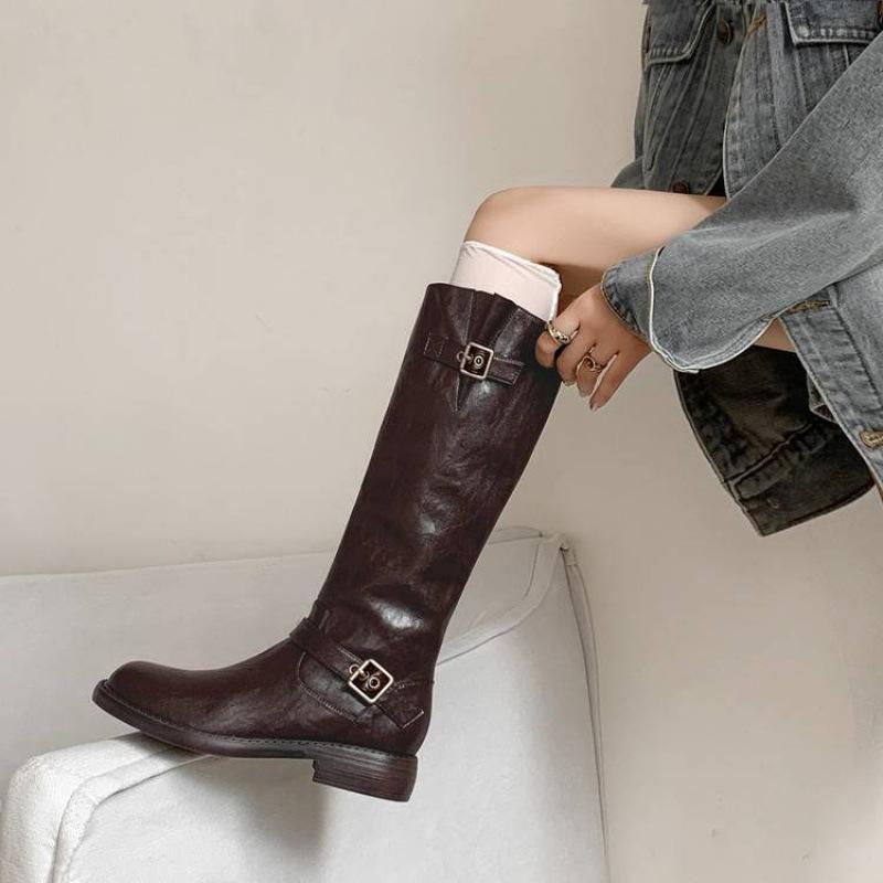 Autumn and winter women's leather boots versatile medium heel leather knight boots round head side zipper new cowhide big tube high boots