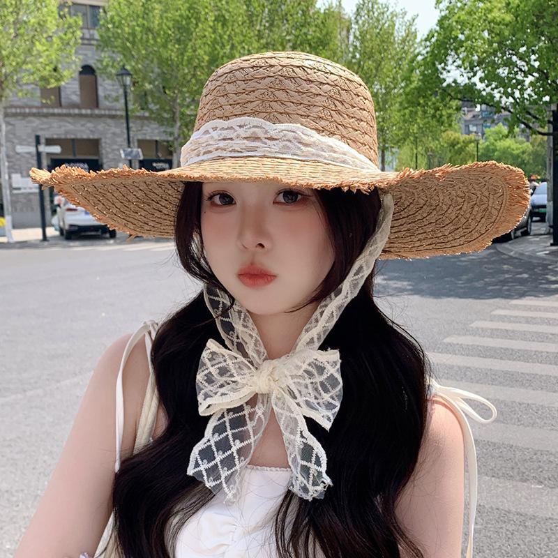 Women's Summer Lace Straw Woven Hat Breathable Sun Protection Hat Beach Vacation Wide Brim Sun Hat