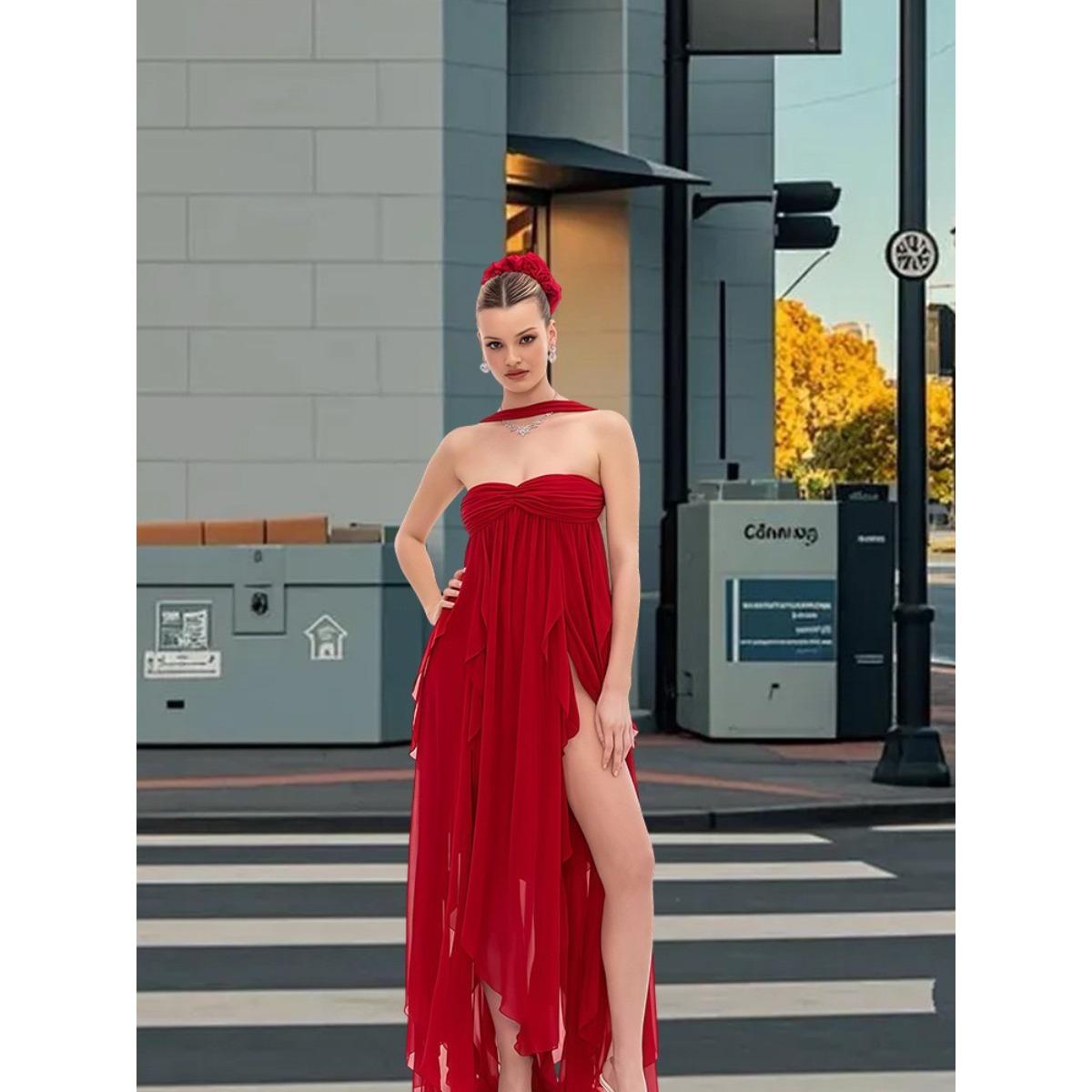 LYRIA Women Summer Sleeveless Maxi Dress Irregular Ruffled Backless Party Cocktail Long Dress Sexy Y2k Going Out Dress S