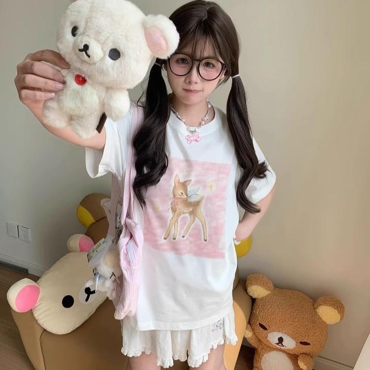 summer pure cotton Women cute cartoon Print T-Shirt harajuku Round Neck oversize Casual Y2K Tops young girl white t shirts streetwear
