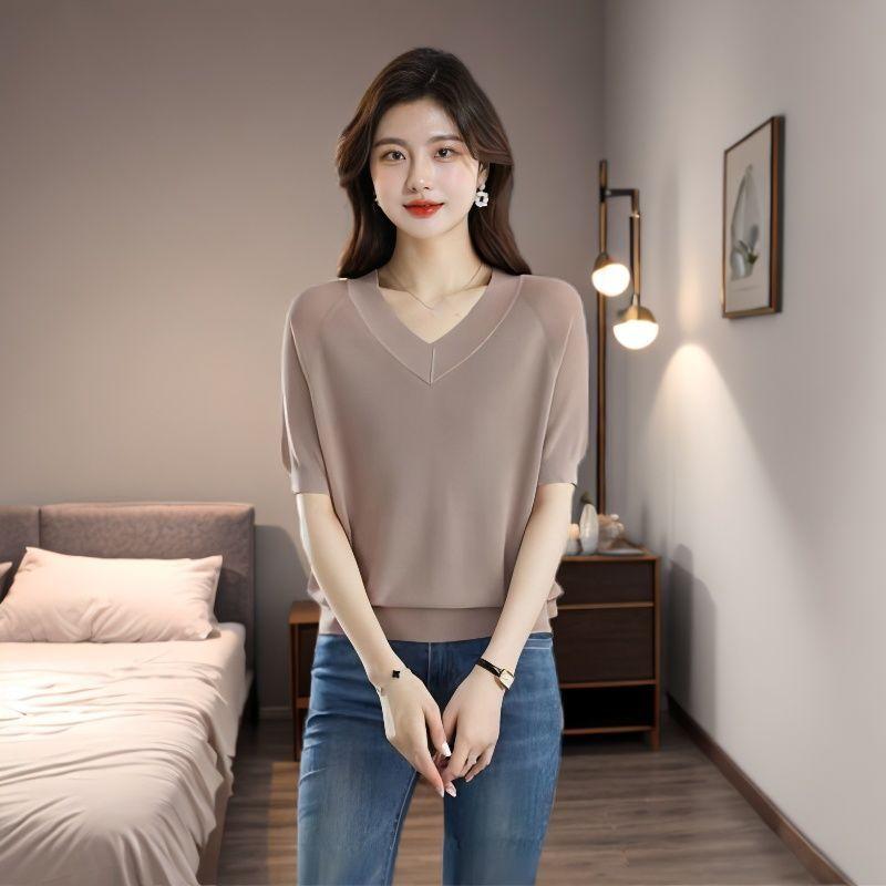 

Летние женские топы из ледяного шелка, женские повседневные свободные тонкие футболки с V-образным вырезом, рубашка с коротким рукавом, большие размеры XXXXL дубильная кора