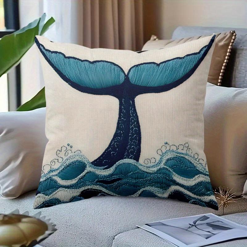 Whale Tail Ocean Pillow Cover 2D Print Coastal Wave Nautical Cushion Case For Sofa Bed Couch Beach Home Decor Gifts