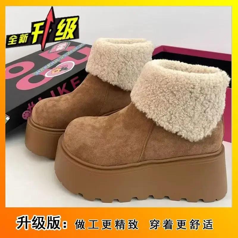 Platform Women's Snow Ankle Boots Suede Mid Heel Cotton Shoes Short Plush Warm Boots Trendy Winter Casual Boots
