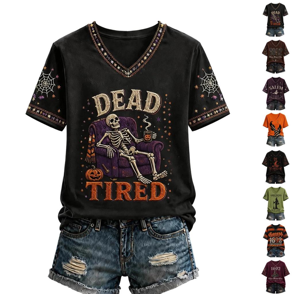 Women's Halloween Printed V-Neck Short Sleeve T-Shirt Casual Top