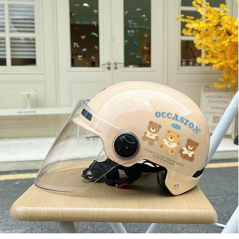 3C Certified Unisex Electric Vehicle Helmet, All-Season Sun Protection, National Standard, Cute Half Motorcycle Safety Helmet. Khaki + Extra Thick Protection